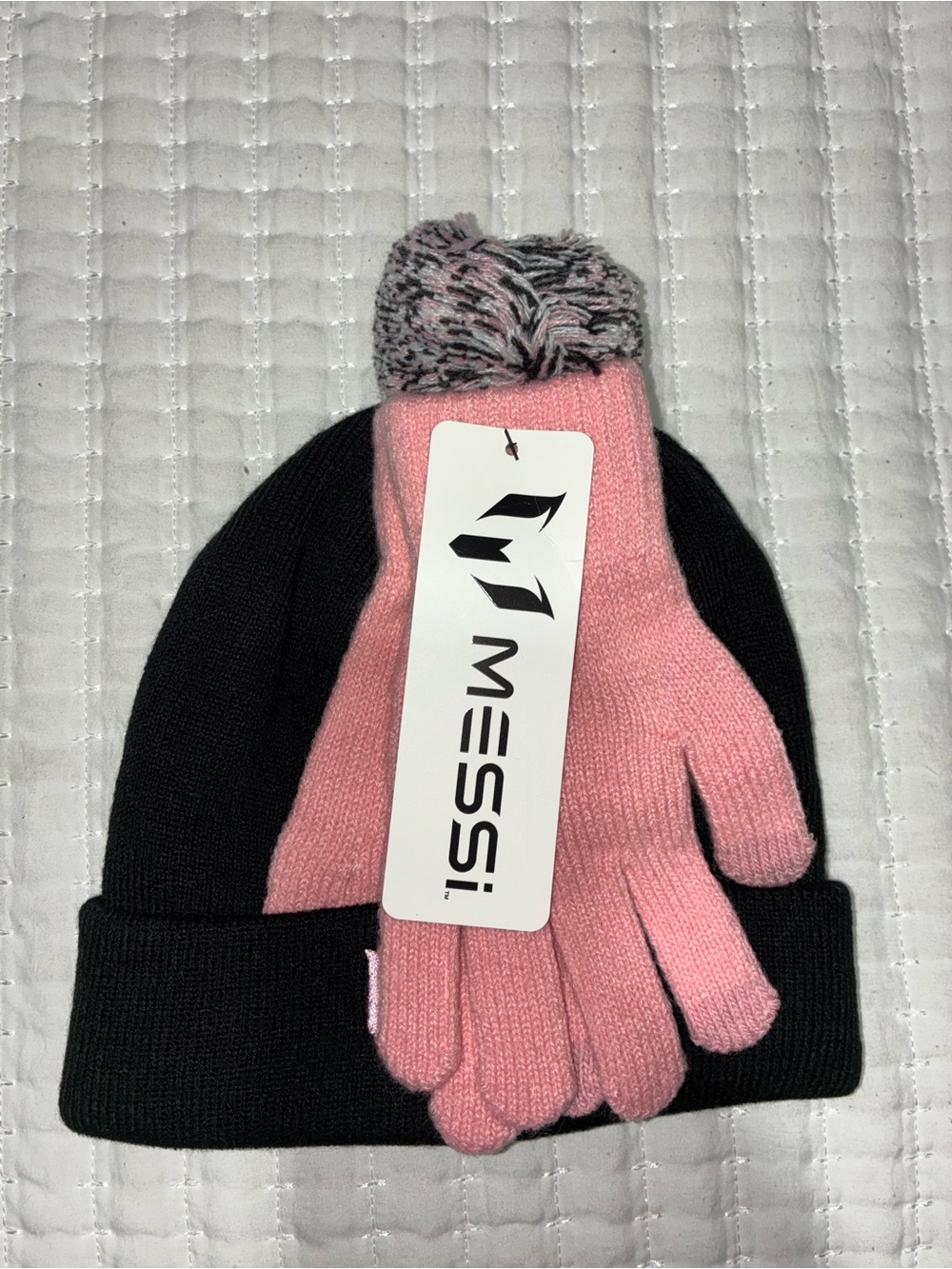 Messi Kids Two-Tone Pom Beanie and Gloves Set - Pink & Black